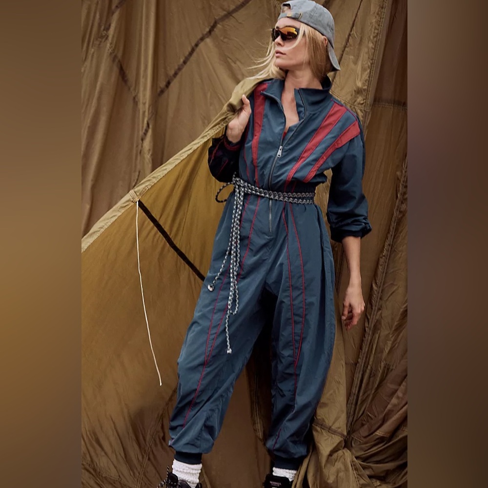 New FP Movement by Free People Go For Gold Navy Red Onesie Jumpsuit sz L